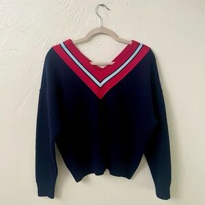 Sandro Varsity Two-Tone Navy Contrast Chevron Striped V-Neck Wool-Blend Sweater